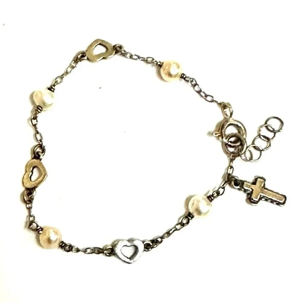 Sterling silver pearl Childs cross charm religious bracelet